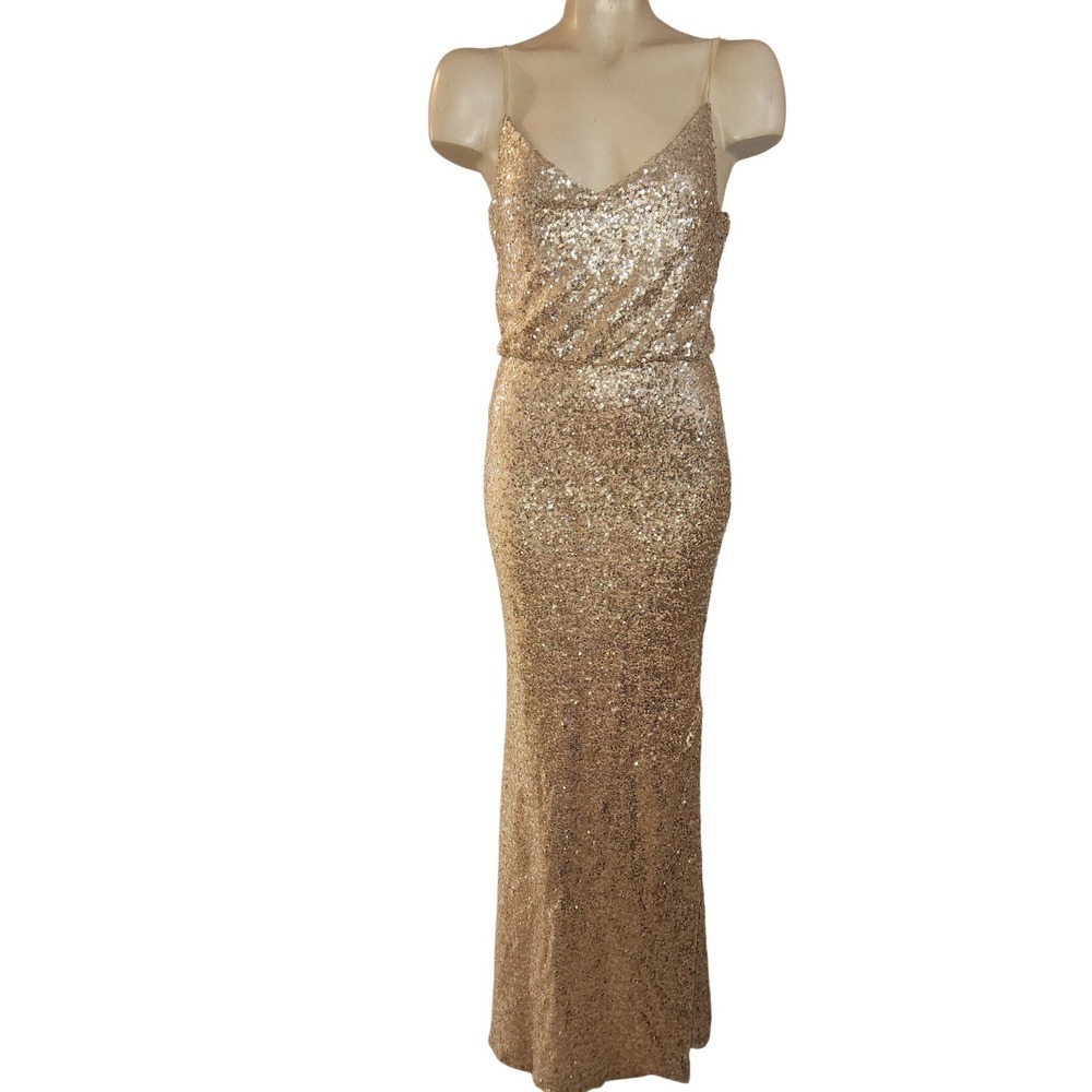 Gold Sequin Maxi Dress Spaghetti Strap V-Neck Formal Evening Gown‎ Mermaid Hem
